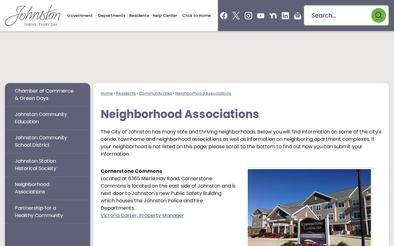 Johnston neighbors and named neighborhood associations on the city inventory