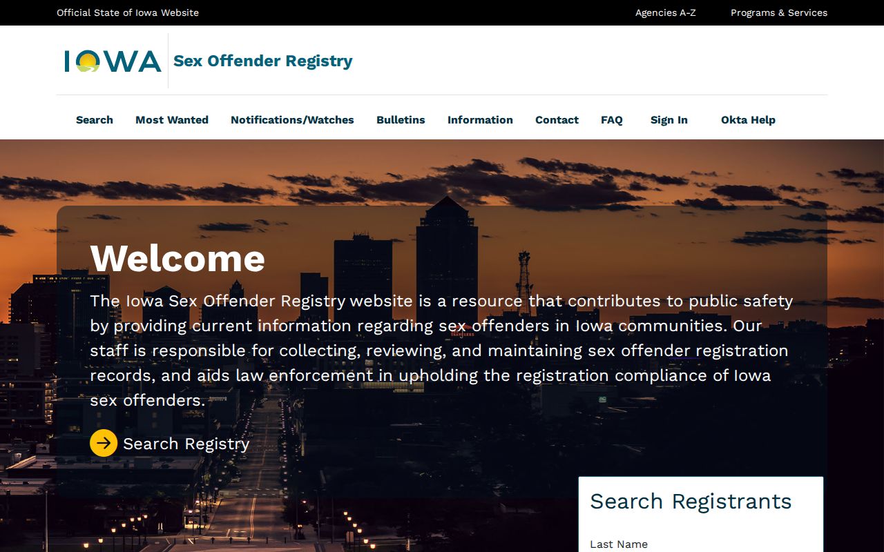 Iowa Sex Offender Registry search screen used for a Johnston resident lookup