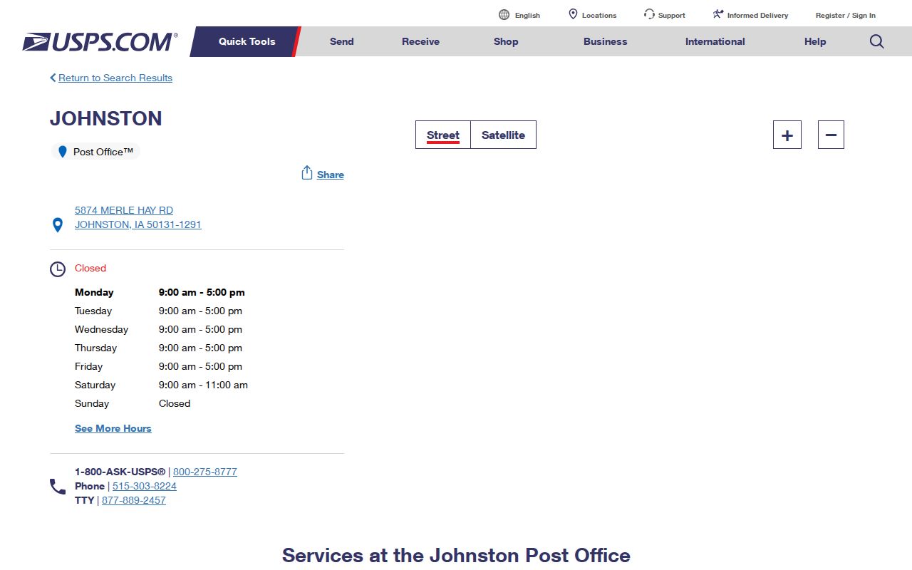 USPS Johnston Post Office page supporting the Johnston ZIP code directory